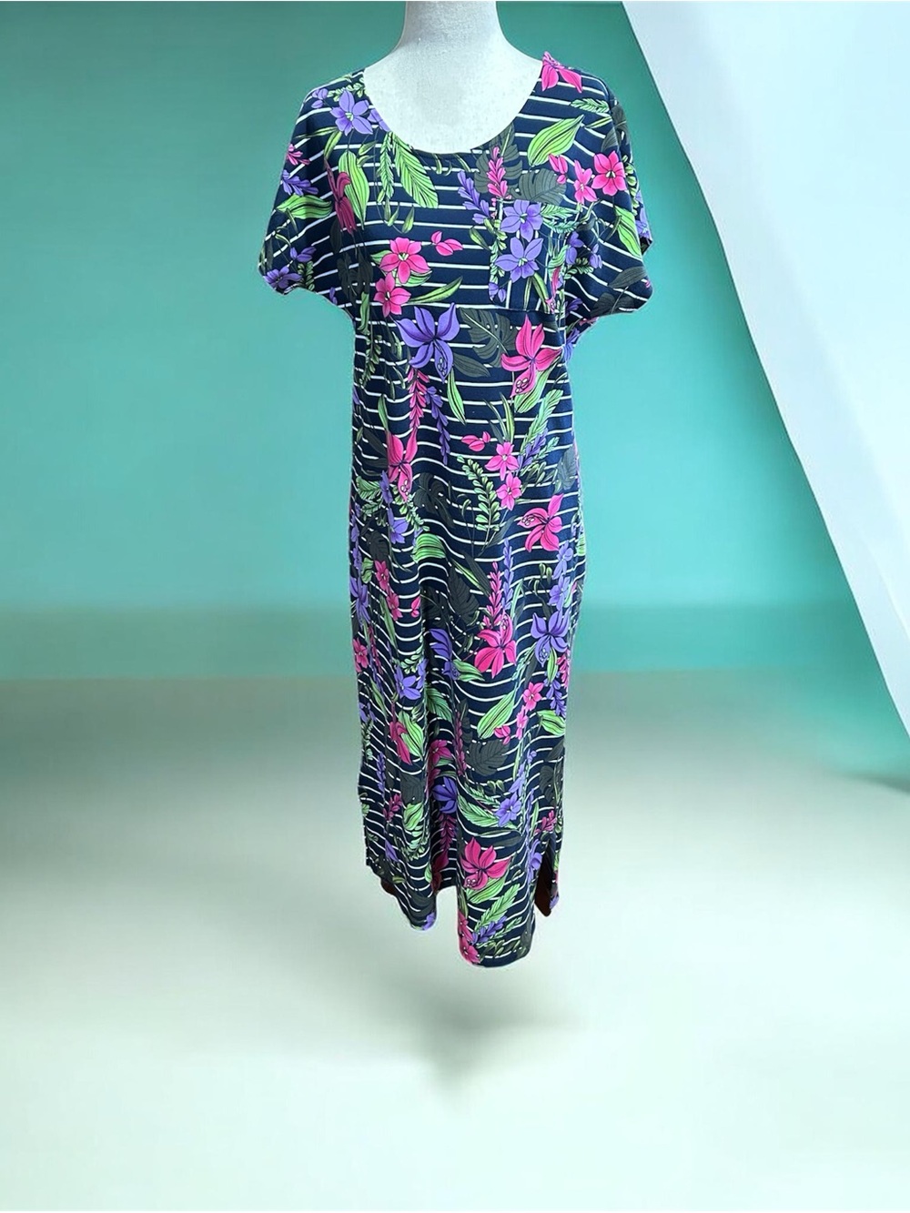 Lands' End Navy Maxi Dress with Pink & Purple Floral Print Small (6-8)